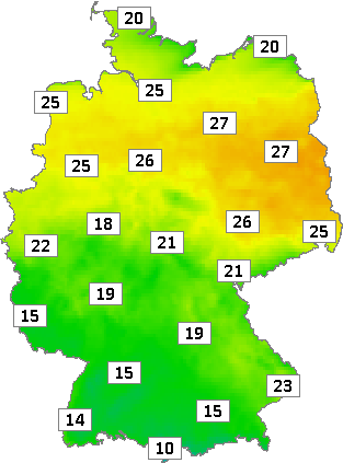 Deutschlandkarte mit Mittagstemperaturen am 21.05.2024