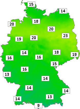 Deutschlandkarte mit Abendtemperaturen am 21.05.2024