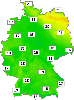 Deutschlandkarte mit Mittagstemperaturen am 22.05.2024