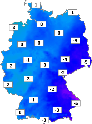 Deutschlandkarte mit Frühtemperaturen am 06.02.2023