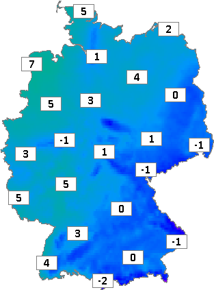 Deutschlandkarte mit Mittagstemperaturen am 06.02.2023