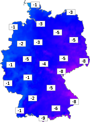 Deutschlandkarte mit Frühtemperaturen am 07.02.2023