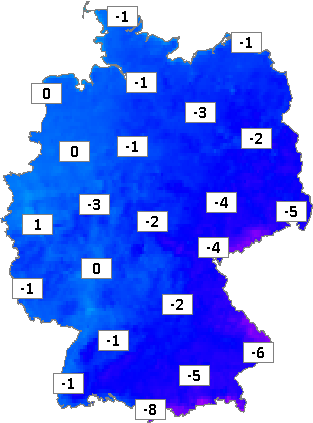 Deutschlandkarte mit Abendtemperaturen am 07.02.2023