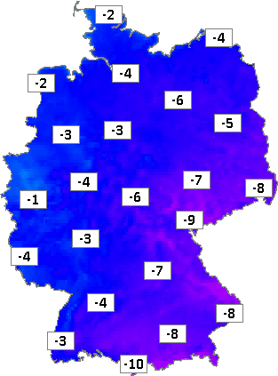 Deutschlandkarte mit Frühtemperaturen am 08.02.2023