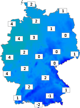 Deutschlandkarte mit Mittagstemperaturen am 08.02.2023