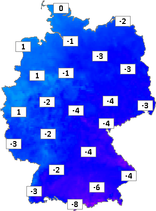 Deutschlandkarte mit Abendtemperaturen am 08.02.2023
