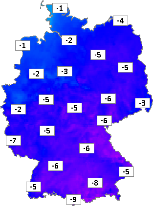 Deutschlandkarte mit Frühtemperaturen am 09.02.2023