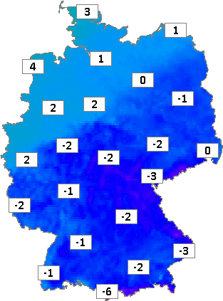 Deutschlandkarte mit Abendtemperaturen am 09.02.2023