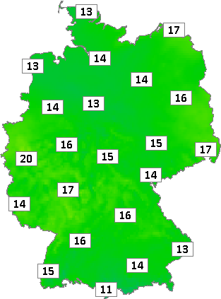 Deutschlandkarte mit Frühtemperaturen am 10.06.2023