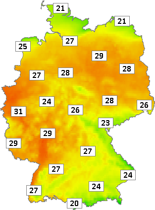 Deutschlandkarte mit Mittagstemperaturen am 10.06.2023