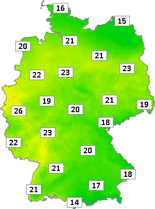 Deutschlandkarte mit Abendtemperaturen am 10.06.2023