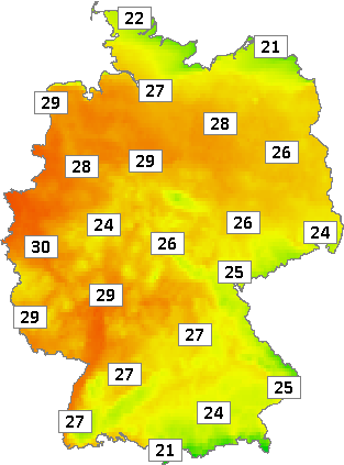 Deutschlandkarte mit Mittagstemperaturen am 11.06.2023