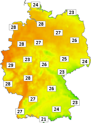 Deutschlandkarte mit Mittagstemperaturen am 12.06.2023