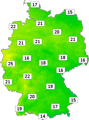 Deutschlandkarte mit Abendtemperaturen am 12.06.2023