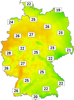 Deutschlandkarte mit Mittagstemperaturen am 13.06.2023