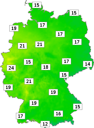 Deutschlandkarte mit Abendtemperaturen am 13.06.2023