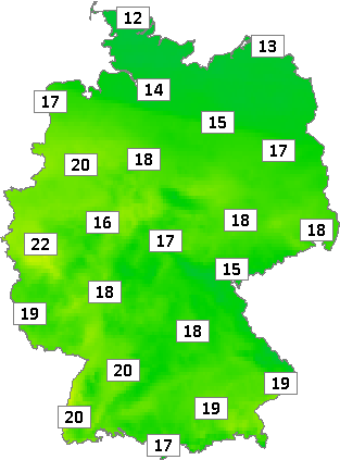 Deutschlandkarte mit Mittagstemperaturen am 07.10.2023