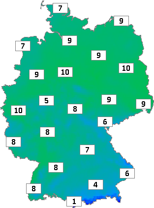 Deutschlandkarte mit Mittagstemperaturen am 23.02.2024