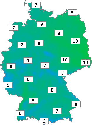 Deutschlandkarte mit Mittagstemperaturen am 24.02.2024