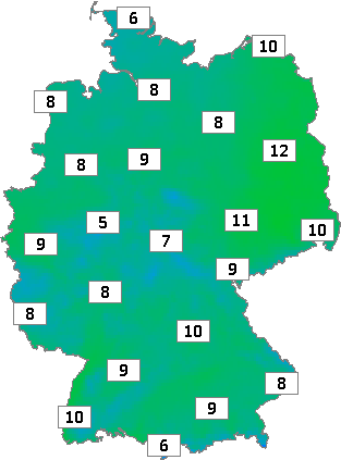 Deutschlandkarte mit Mittagstemperaturen am 25.02.2024