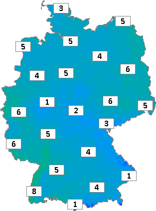 Deutschlandkarte mit Abendtemperaturen am 25.02.2024
