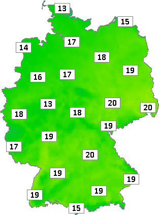 Deutschlandkarte mit Mittagstemperaturen am 27.04.2024