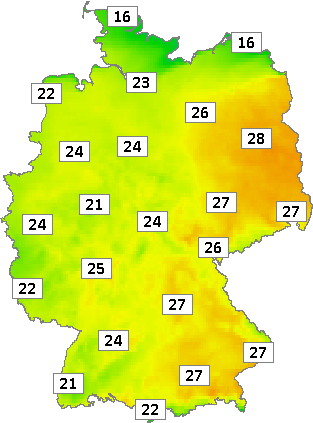 Deutschlandkarte mit Mittagstemperaturen am 30.04.2024