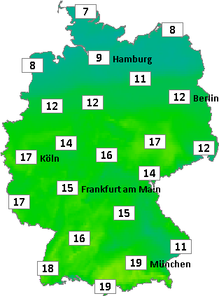 Deutschlandkarte mit Mittagstemperaturen am 14.11.2025
