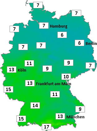 Deutschlandkarte mit Mittagstemperaturen am 15.11.2025
