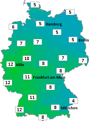 Deutschlandkarte mit Abendtemperaturen am 15.11.2025