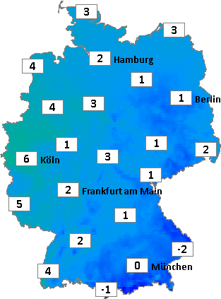 Deutschlandkarte mit Frühtemperaturen am 06.12.2025