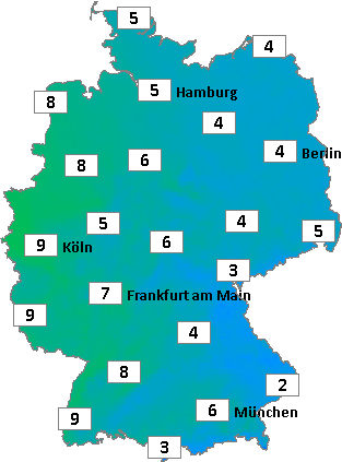 Deutschlandkarte mit Abendtemperaturen am 06.12.2025