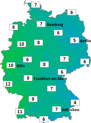 Deutschlandkarte mit Abendtemperaturen am 07.12.2025