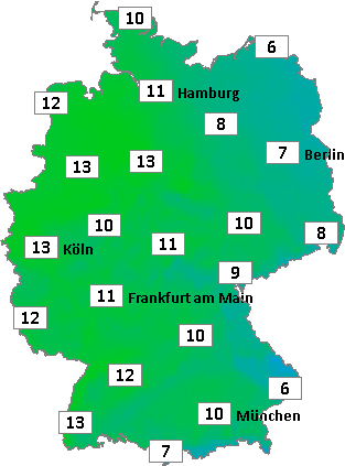 Deutschlandkarte mit Frühtemperaturen am 08.12.2025
