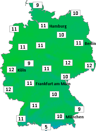 Deutschlandkarte mit Abendtemperaturen am 08.12.2025