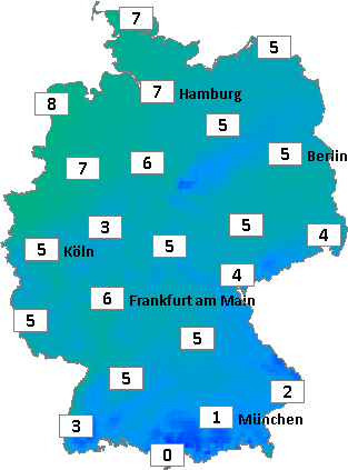 Deutschlandkarte mit Abendtemperaturen am 14.12.2025 Deutschlandkarte mit Abendtemperaturen am 14.12.2025