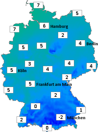 Deutschlandkarte mit Frühtemperaturen am 15.12.2025 Deutschlandkarte mit Frühtemperaturen am 15.12.2025