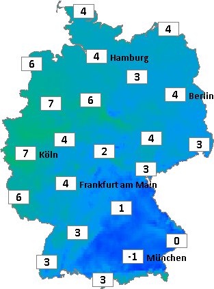Deutschlandkarte mit Abendtemperaturen am 15.12.2025 Deutschlandkarte mit Abendtemperaturen am 15.12.2025