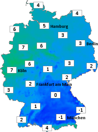 Deutschlandkarte mit Frühtemperaturen am 16.12.2025 Deutschlandkarte mit Frühtemperaturen am 16.12.2025