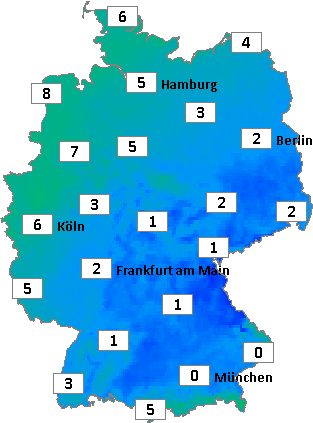 Deutschlandkarte mit Abendtemperaturen am 16.12.2025 Deutschlandkarte mit Abendtemperaturen am 16.12.2025
