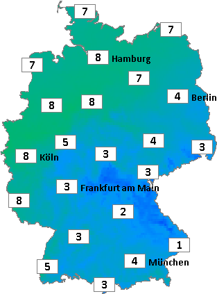 Deutschlandkarte mit Abendtemperaturen am 17.12.2025 Deutschlandkarte mit Abendtemperaturen am 17.12.2025