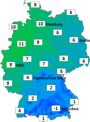 Deutschlandkarte mit Frühtemperaturen am 19.12.2025 Deutschlandkarte mit Frühtemperaturen am 19.12.2025