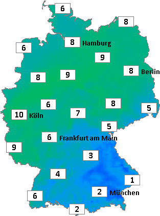 Deutschlandkarte mit Abendtemperaturen am 19.12.2025 Deutschlandkarte mit Abendtemperaturen am 19.12.2025