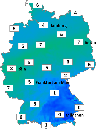 Deutschlandkarte mit Frühtemperaturen am 20.12.2025 Deutschlandkarte mit Frühtemperaturen am 20.12.2025