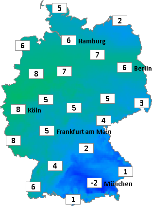 Deutschlandkarte mit Abendtemperaturen am 20.12.2025 Deutschlandkarte mit Abendtemperaturen am 20.12.2025