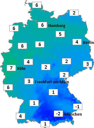 Deutschlandkarte mit Frühtemperaturen am 21.12.2025 Deutschlandkarte mit Frühtemperaturen am 21.12.2025