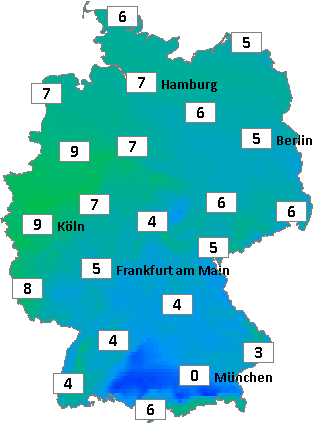 Deutschlandkarte mit Mittagstemperaturen am 21.12.2025 Deutschlandkarte mit Mittagstemperaturen am 21.12.2025