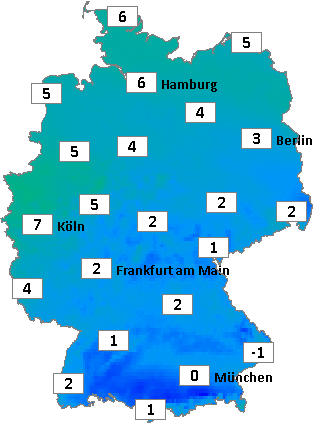 Deutschlandkarte mit Abendtemperaturen am 21.12.2025 Deutschlandkarte mit Abendtemperaturen am 21.12.2025