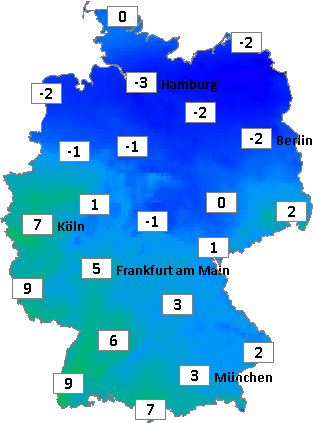 Deutschlandkarte mit Mittagstemperaturen am 05.02.2026