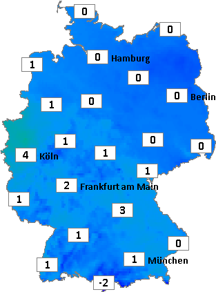Deutschlandkarte mit Frühtemperaturen am 08.02.2026
